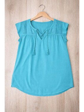 My Danielle Turquoise Boho Lace Yoke Blouse Tassel Tie Rayon Size S